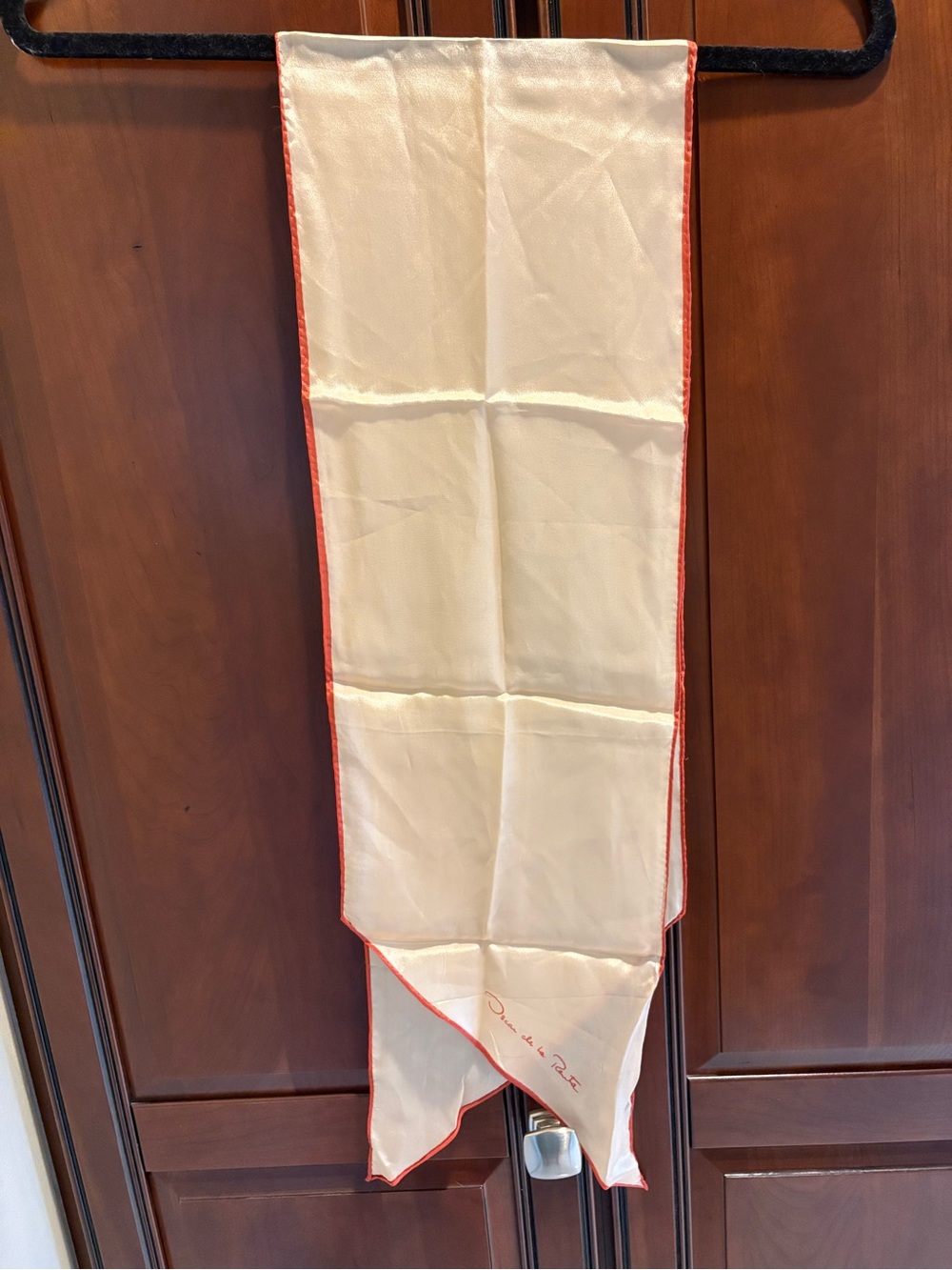 Vintage Oscar de la Renta Designer Twilly Skinny Scarf Cream & Orange Edge